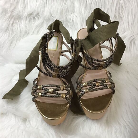 Elie Tahari Green Sandal Strappy Wedge Heel Sandal Snake Skin Size 40 1/2 - Picture 3 of 9